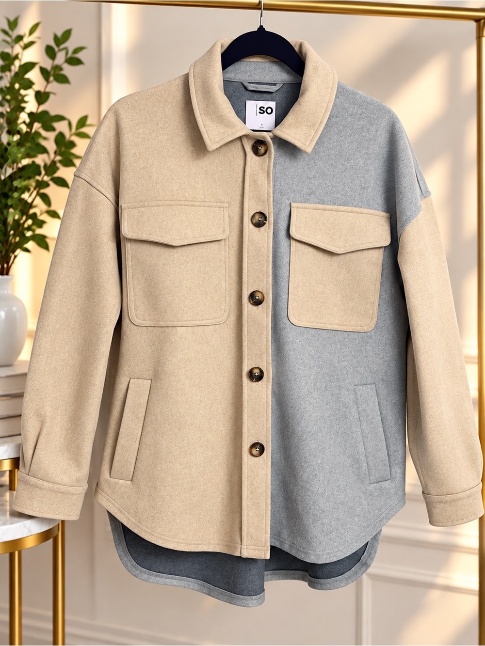 SO Two-Tone Beige and Light Gray Colorblock Wool-Blend Shacket